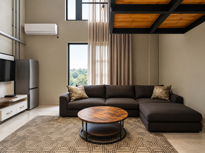 Modern living room featuring high ceilings, a mezzanine level, exposed industrial-style conduit, tiled flooring, and large windows providing natural light.