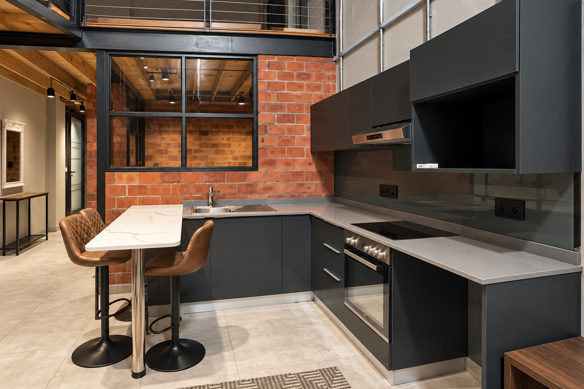 Modern industrial-style kitchen featuring dark cabinetry, stone countertops, integrated appliances, and an exposed brick wall with a mezzanine level above.