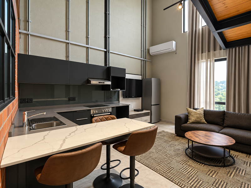Modern open-plan apartment featuring a sleek kitchen with quartz countertops, exposed industrial-style piping, and a spacious living area with high ceilings and mezzanine access.