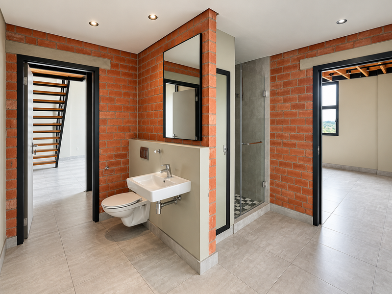 Modern bathroom featuring an exposed brick wall, wall-mounted toilet and basin, and a glass-enclosed shower with contemporary tile finishes.