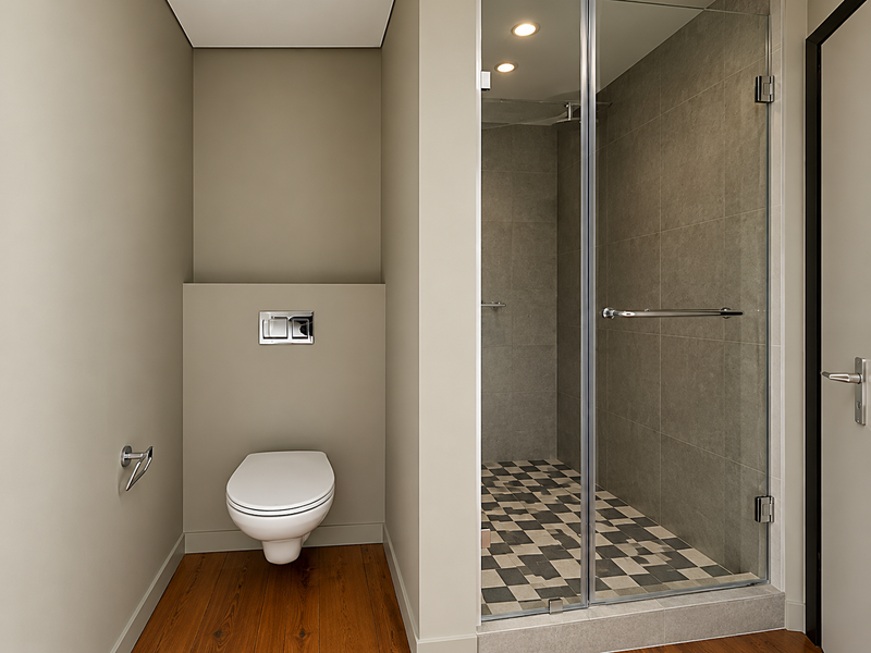 Modern bathroom featuring a wall-mounted toilet, chrome flush plate, and a spacious walk-in shower with glass enclosure and contemporary tiled flooring.