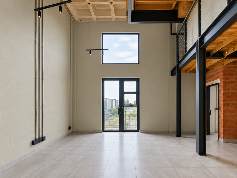 Spacious double-volume living area featuring industrial-style exposed steel beams, timber ceiling joists, tiled flooring, and a mezzanine level with a brick feature wall.