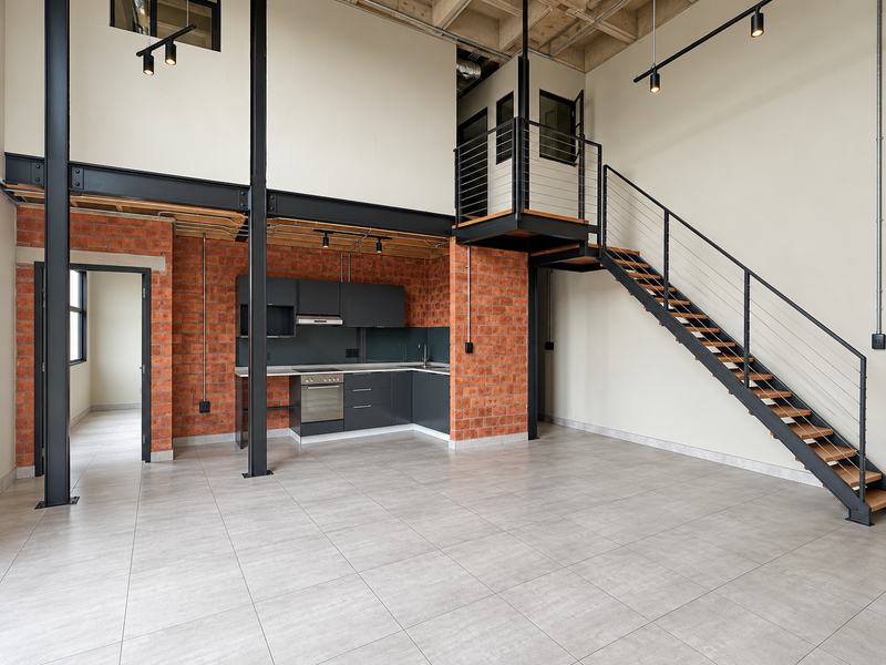 Modern open-plan apartment featuring industrial design elements, exposed brickwork, steel staircase, mezzanine level, and a sleek built-in kitchen with integrated appliances.