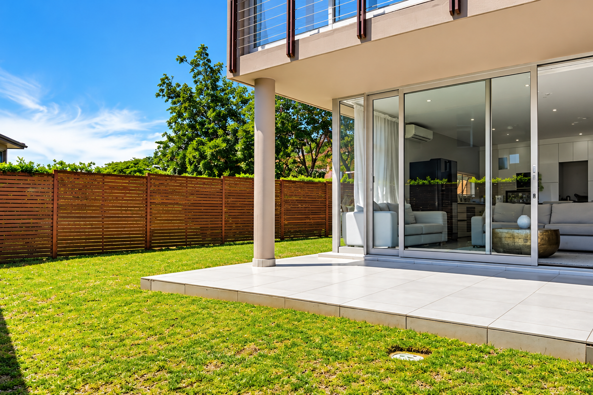 A well-maintained ground floor patio featuring large sliding glass doors, tiled flooring, and a private garden area with a wooden boundary fence.