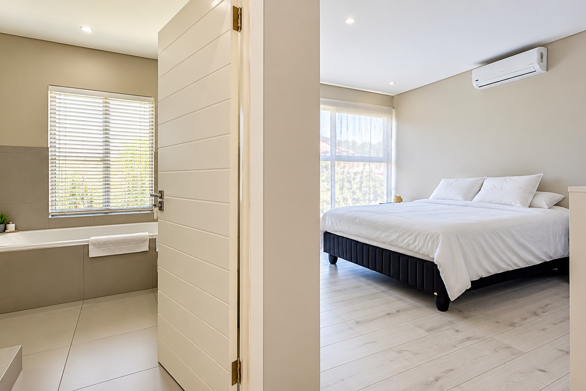 A modern bedroom featuring light wood-look flooring, a wall-mounted air conditioner, and an adjoining en-suite bathroom with a bathtub and glass shower.