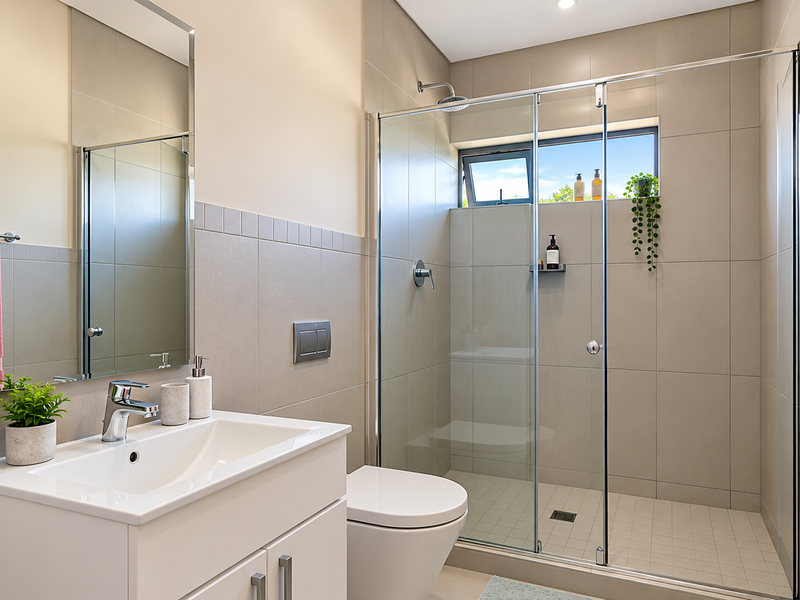 Modern bathroom featuring a sleek vanity, wall-hung toilet, and a spacious walk-in shower with glass enclosure and neutral wall tiling.
