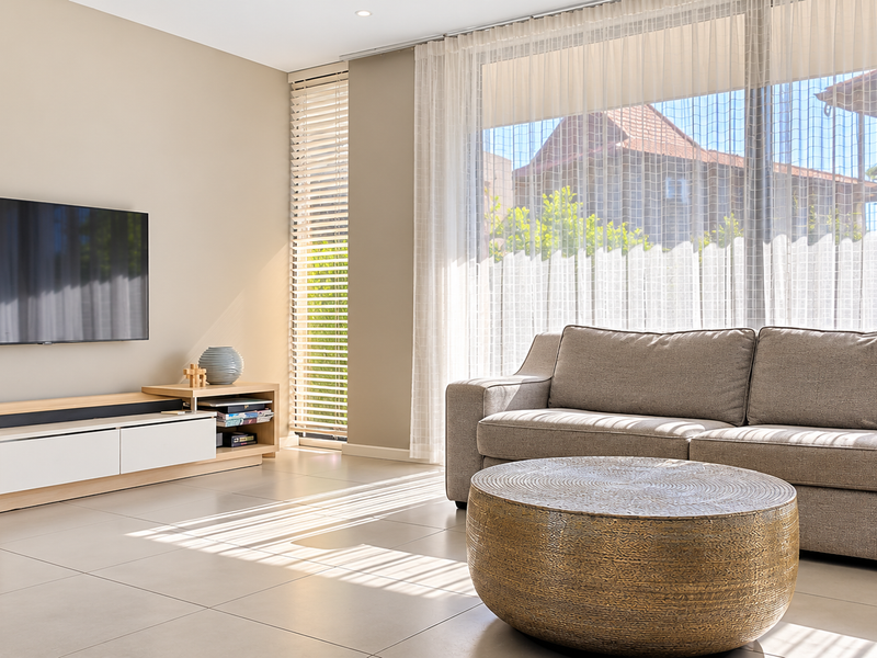 A bright and modern living room featuring large format floor tiles, floor-to-ceiling windows with integrated blinds, and sheer curtains, offering a clean, contemporary aesthetic.