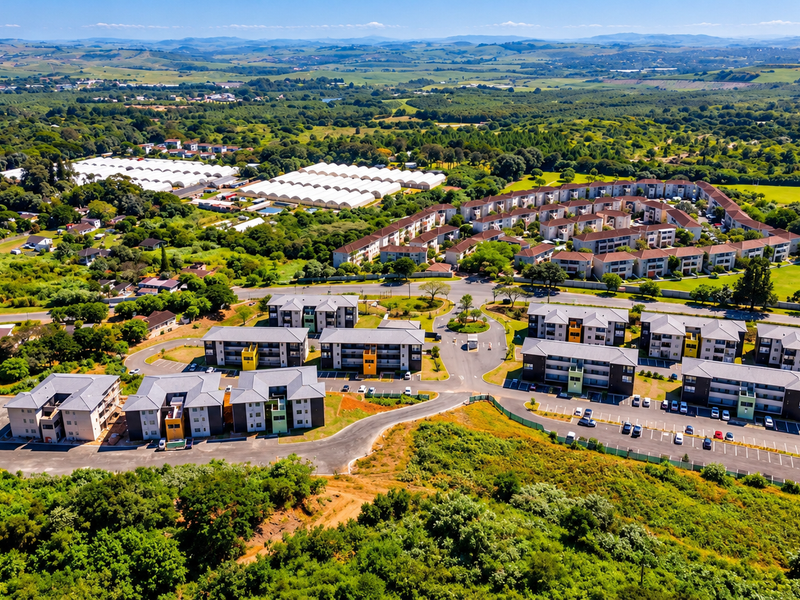 An aerial view of a modern apartment complex featuring multiple residential blocks, paved parking areas, and surrounding landscaped grounds in a suburban setting.