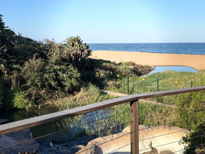 Scenic coastal view overlooking a natural estuary, sandy beach, and the ocean, framed by a timber and wire balustrade.