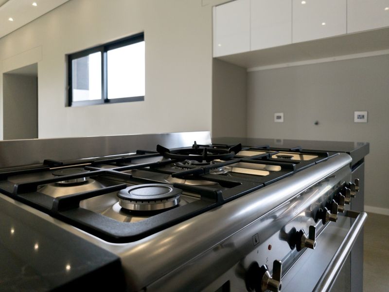 Modern kitchen featuring a high-end stainless steel gas range, sleek cabinetry, and stone countertops in a clean, minimalist space.