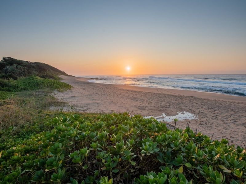 A scenic view of the coastline at sunrise, showcasing the natural beach landscape and ocean horizon.