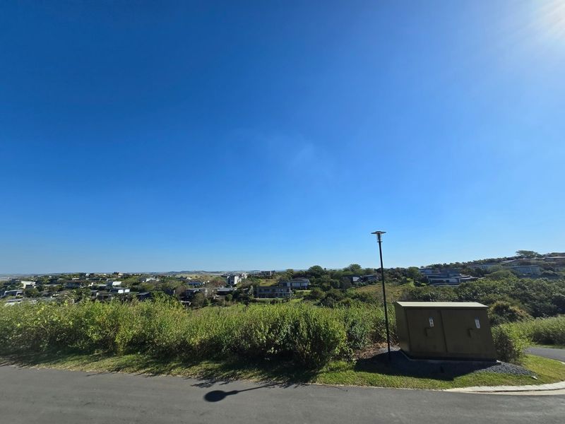 A wide-angle view of the surrounding residential estate landscape, featuring a paved road, street lighting, and a utility box on the vacant land plot.