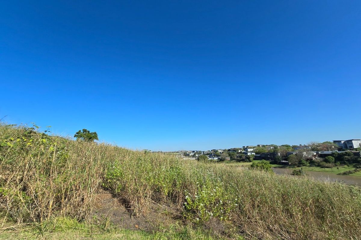 A wide-angle view of a sloped, undeveloped residential plot featuring natural vegetation and distant neighborhood scenery.