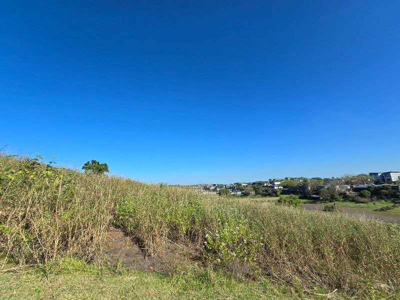 A wide-angle view of a sloped, undeveloped residential plot featuring natural vegetation and distant neighborhood scenery.