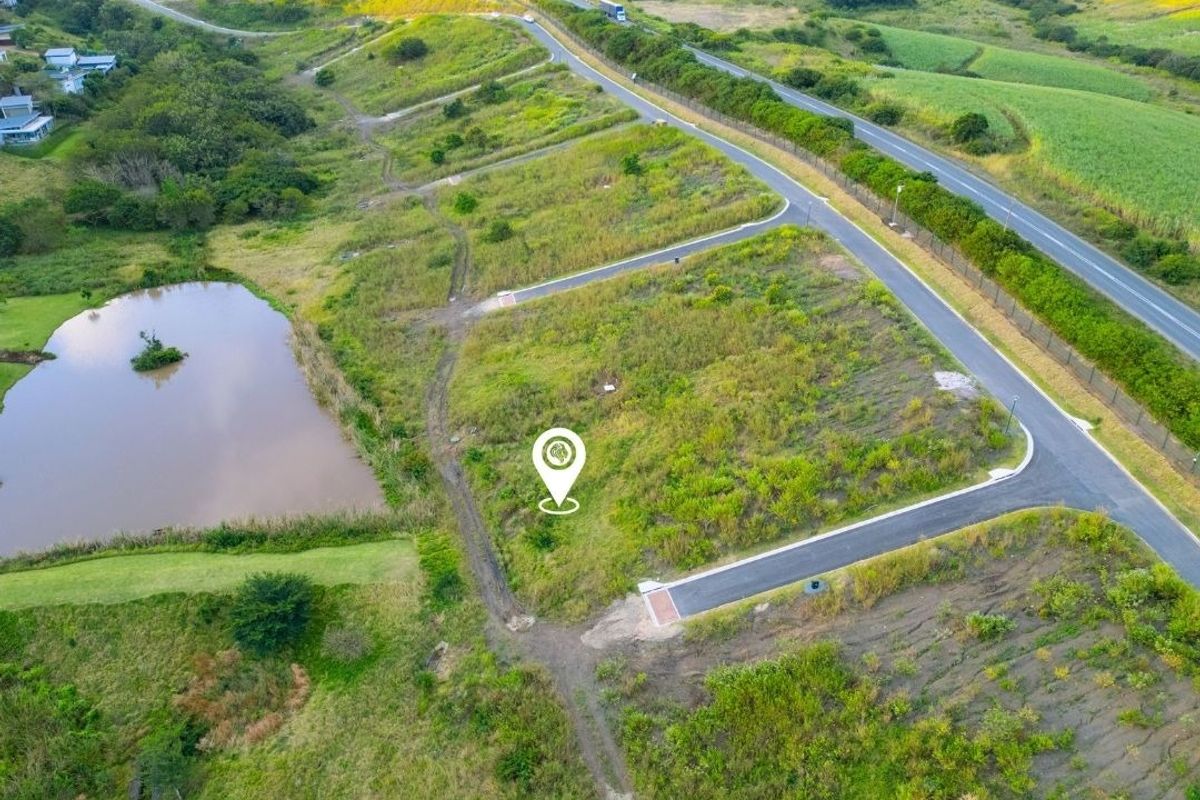 Aerial view of a vacant residential plot featuring natural landscape, proximity to a pond, and established paved road access within the estate.