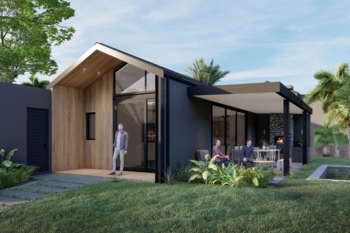 Modern rear exterior featuring timber cladding, a covered patio with a built-in fireplace, and a swimming pool set within a landscaped garden.