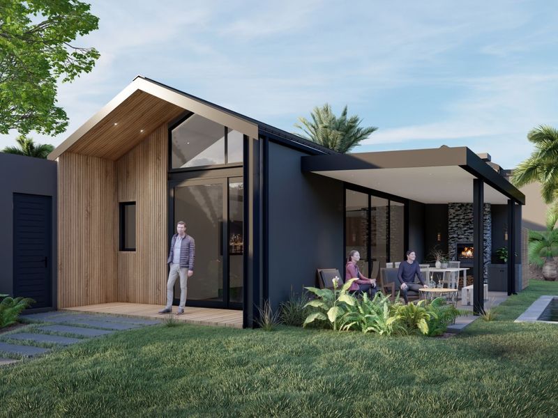 Modern rear exterior featuring timber cladding, a covered patio with a built-in fireplace, and a swimming pool set within a landscaped garden.