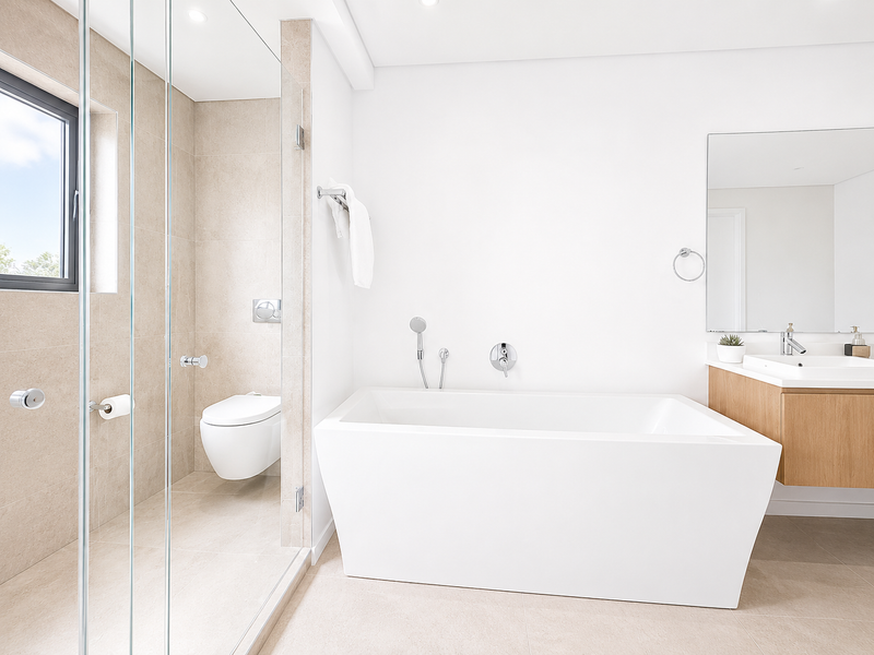Modern bathroom featuring a sleek freestanding bathtub, wall-mounted toilet, glass-enclosed shower, and a contemporary vanity with integrated sink.