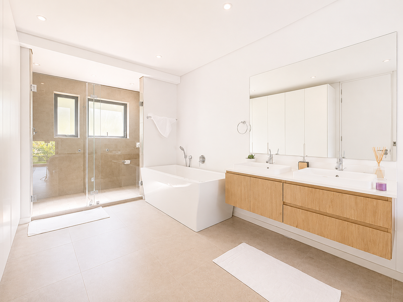 Modern bathroom featuring a double vanity with wood cabinetry, a sleek freestanding bathtub, and a spacious walk-in shower with glass enclosure.