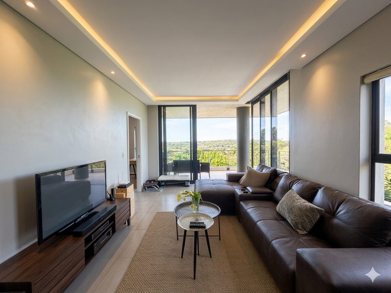 Modern living room featuring recessed cove lighting, large sliding glass doors leading to a balcony, and neutral tiled flooring with expansive views.