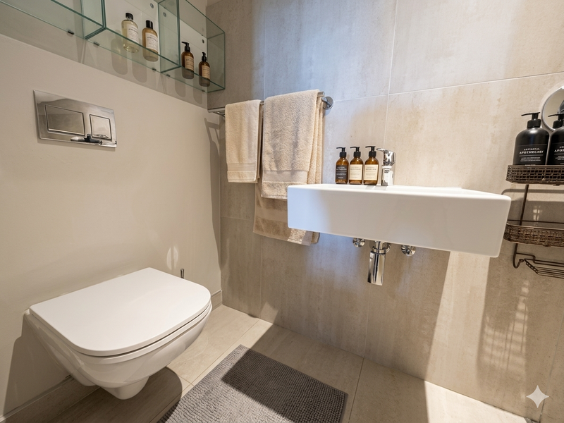 Modern bathroom featuring a wall-mounted toilet with concealed cistern, a sleek wall-mounted basin with chrome mixer, and neutral floor-to-ceiling tiling.