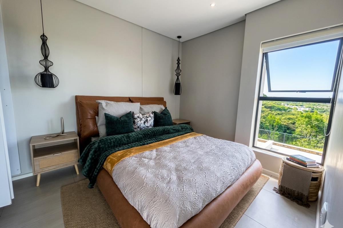 A modern, well-maintained bedroom featuring tiled flooring, recessed lighting, and a large top-hung window offering scenic outdoor views.