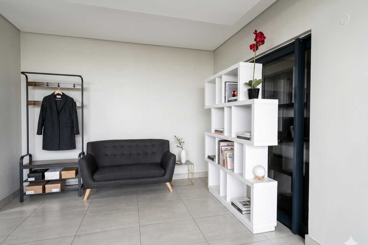 A bright and modern living area featuring neutral tiled flooring and a large sliding glass door providing natural light.