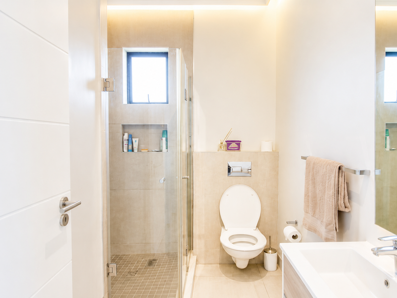 Modern bathroom featuring a wall-hung toilet, glass-enclosed shower with a recessed niche, and a sleek vanity basin with a chrome mixer tap.