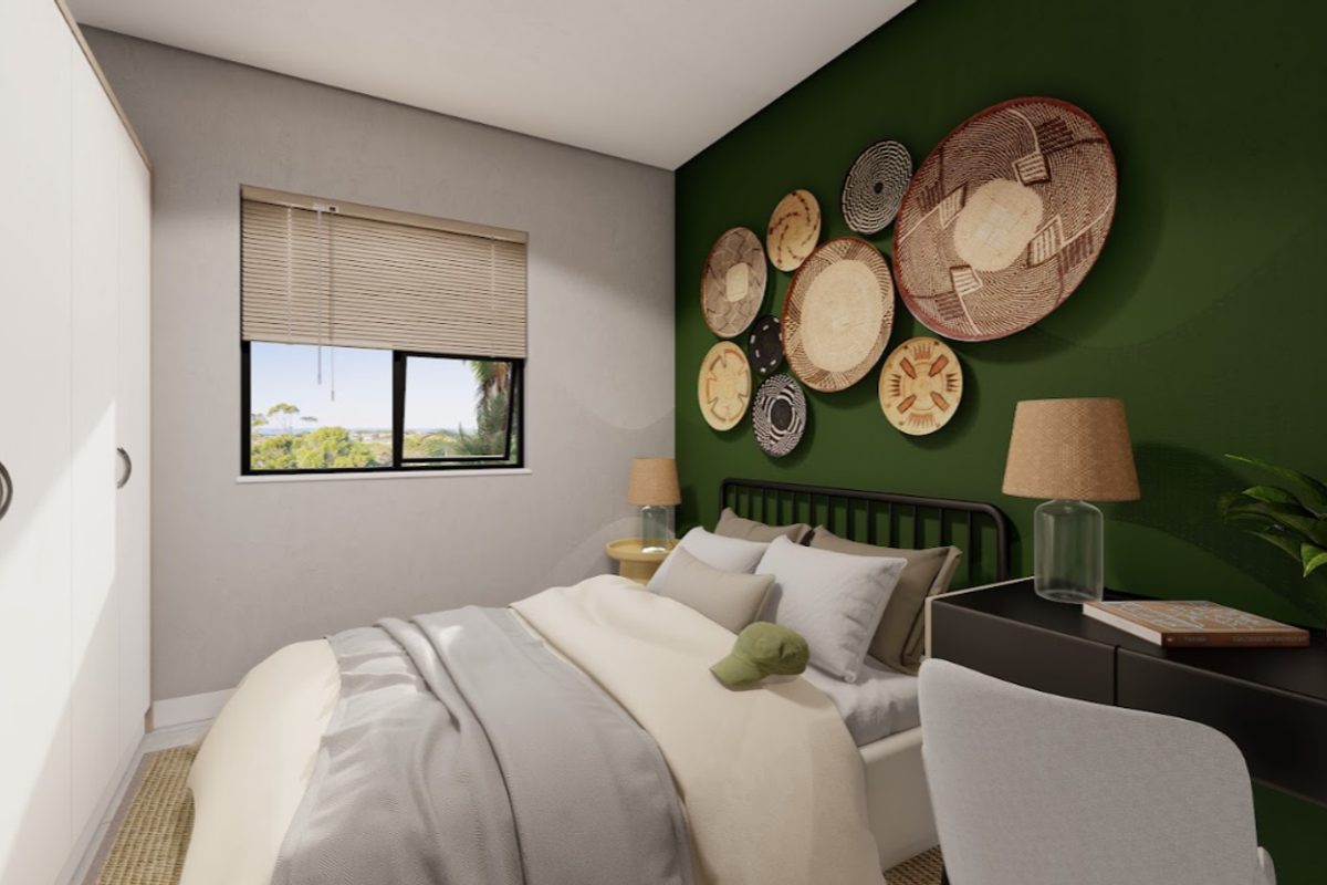 A well-appointed bedroom featuring a built-in wardrobe, a window with venetian blinds, and a feature wall.