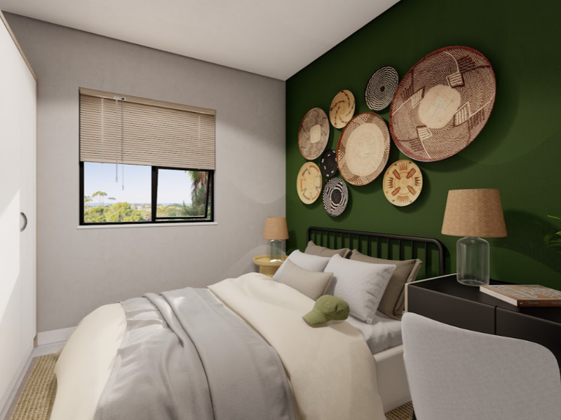 A well-appointed bedroom featuring a built-in wardrobe, a window with venetian blinds, and a feature wall.