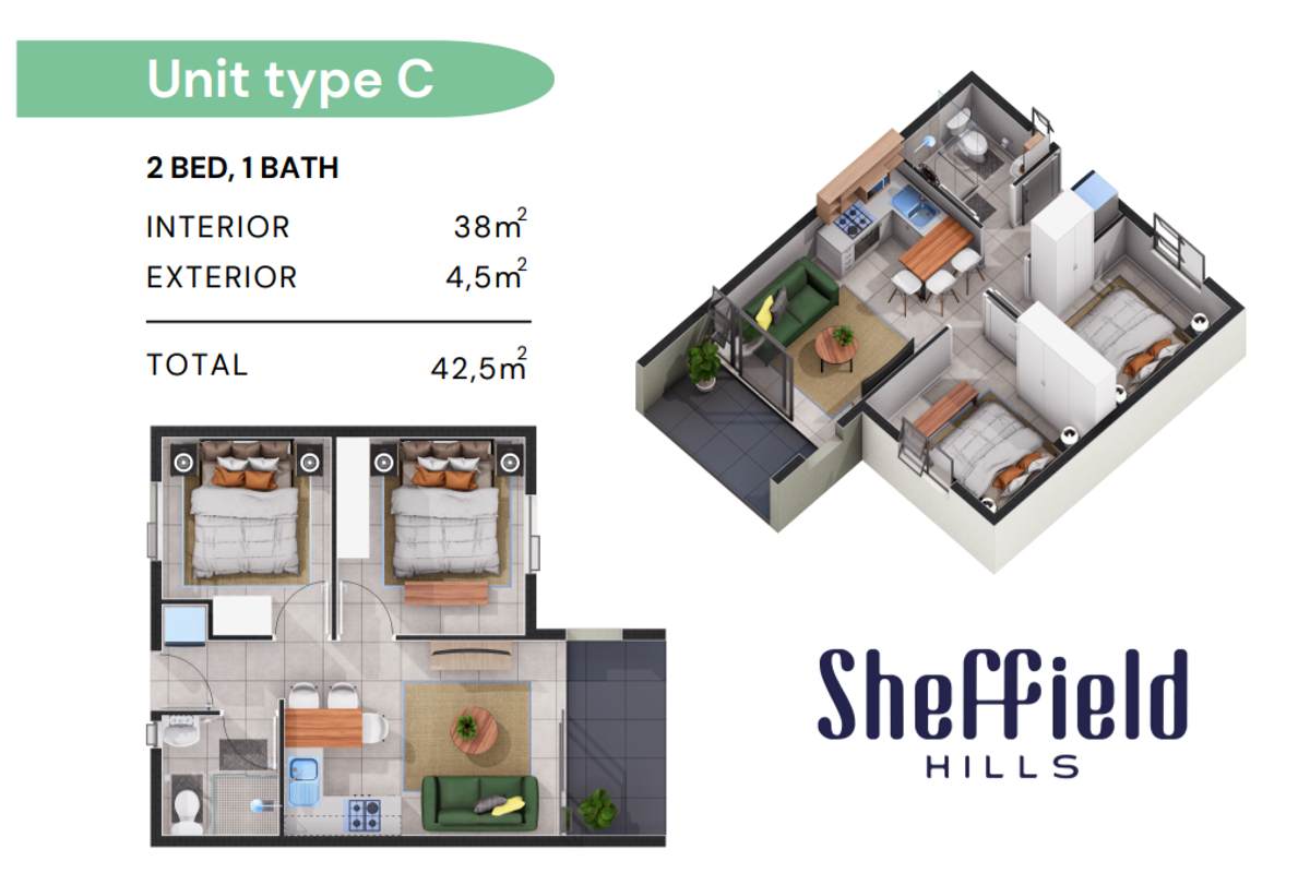 A 3D floor plan for a 2-bedroom, 1-bathroom apartment unit at Sheffield Hills, showing the layout of the kitchen, living area, and balcony.