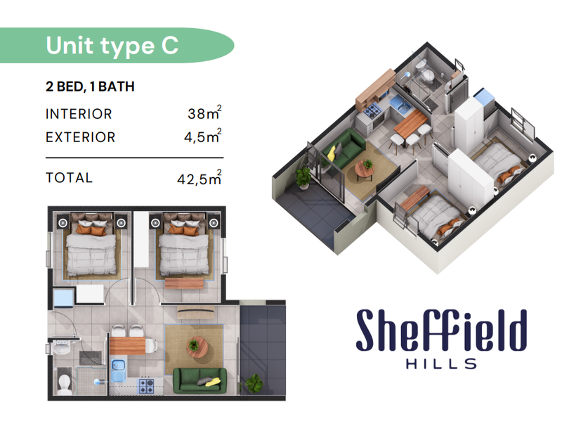 A 3D floor plan for a 2-bedroom, 1-bathroom apartment unit at Sheffield Hills, showing the layout of the kitchen, living area, and balcony.