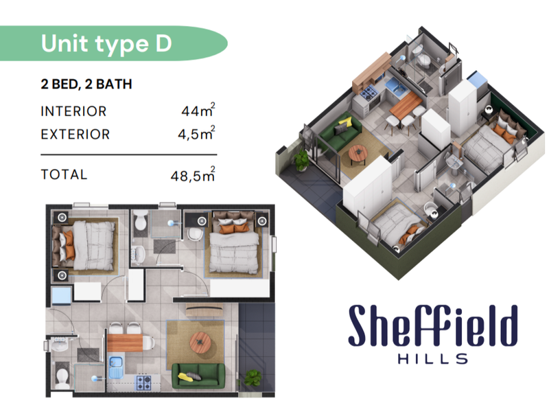 Architectural floor plan for a two-bedroom, two-bathroom apartment unit at Sheffield Hills, showing layout and dimensions.