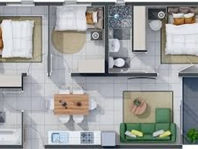 A detailed 2D floor plan showing a three-bedroom apartment layout with an open-plan living area, kitchen, and two bathrooms.