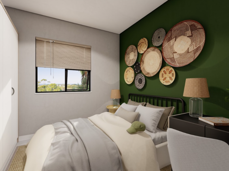 A well-appointed bedroom featuring a built-in wardrobe, a window with venetian blinds, and a feature wall.