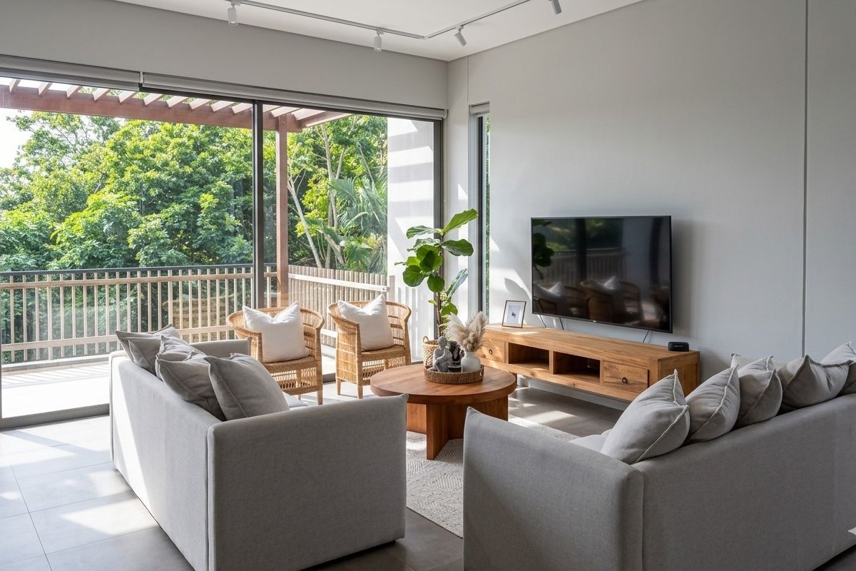 Modern living room featuring large sliding glass doors that open onto a covered balcony with a pergola, offering natural light and scenic views.