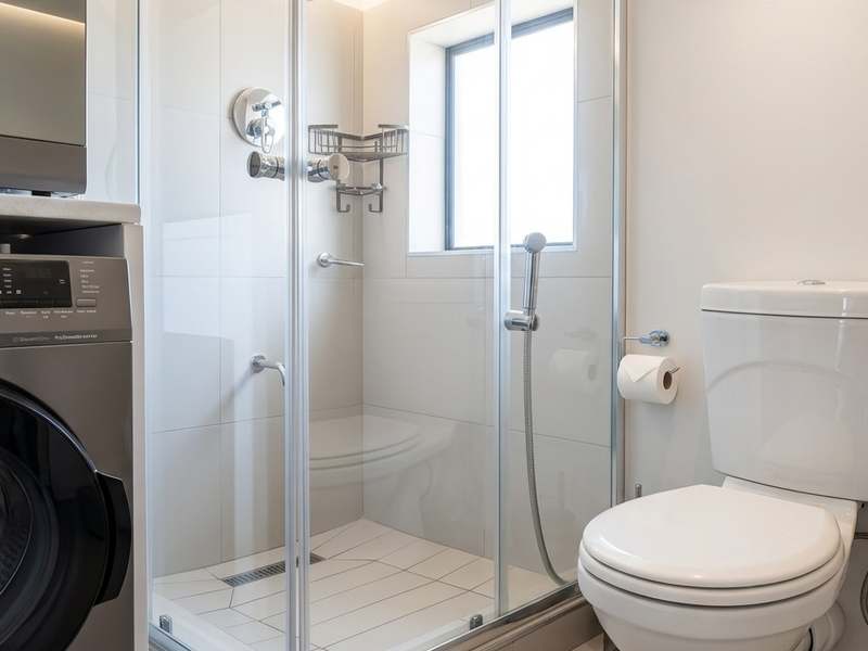 Modern bathroom featuring a glass-enclosed shower, tiled finishes, and a standard toilet, with integrated laundry facilities.