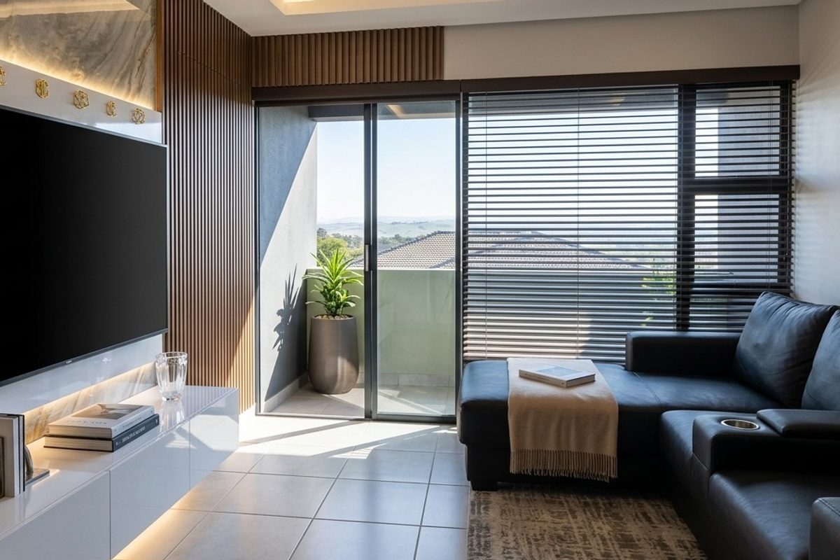 Modern living room featuring a marble media wall with integrated lighting, slatted timber accents, tiled floors, and direct access to a private balcony.
