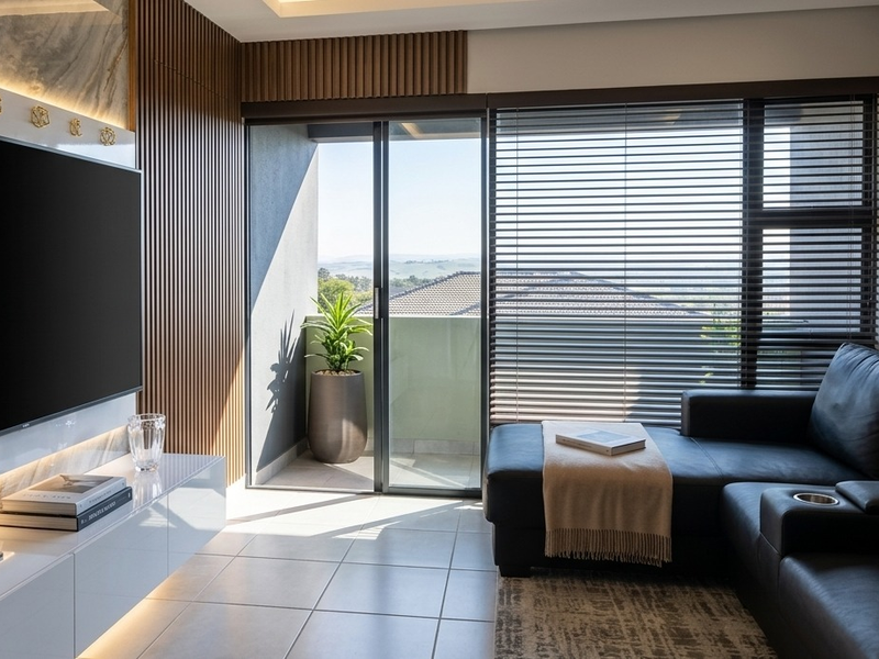 Modern living room featuring a marble media wall with integrated lighting, slatted timber accents, tiled floors, and direct access to a private balcony.