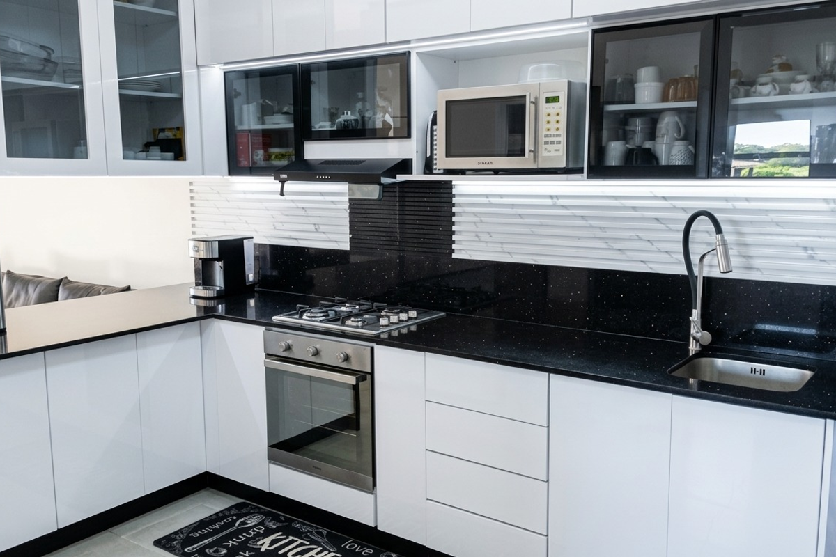 Modern kitchen featuring white cabinetry, black quartz countertops, integrated appliances, and stylish marble-effect backsplash with under-cabinet lighting.