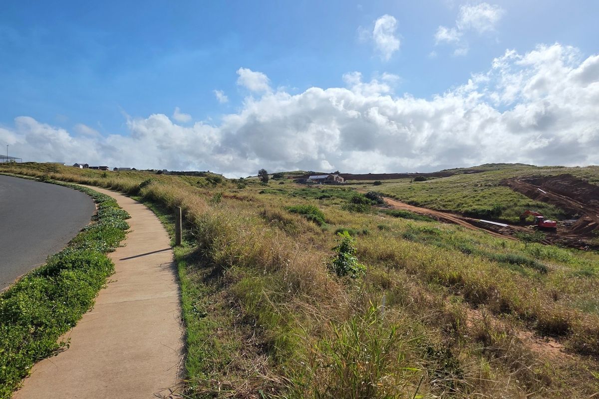 A view of the street frontage and sidewalk adjacent to the vacant residential land, showing the surrounding landscape and road infrastructure.