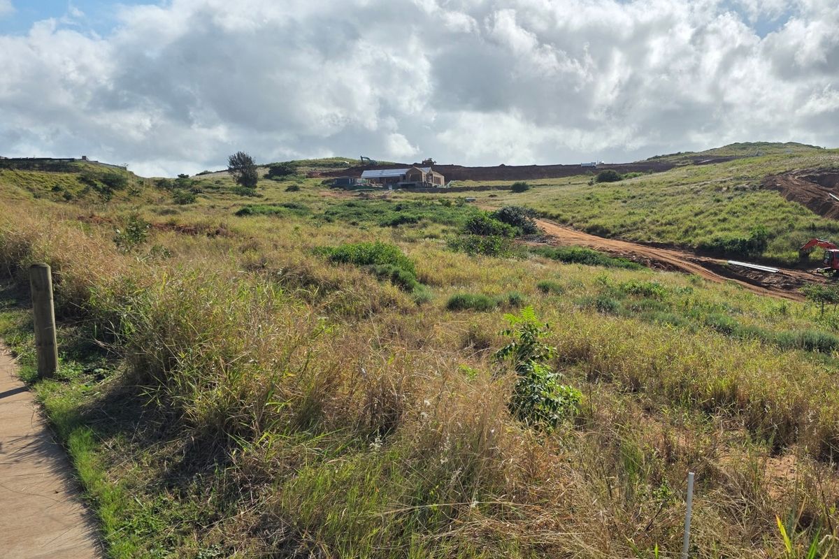 A wide view of a vacant residential plot featuring natural grass, a dirt access path, and a distant building site under development.