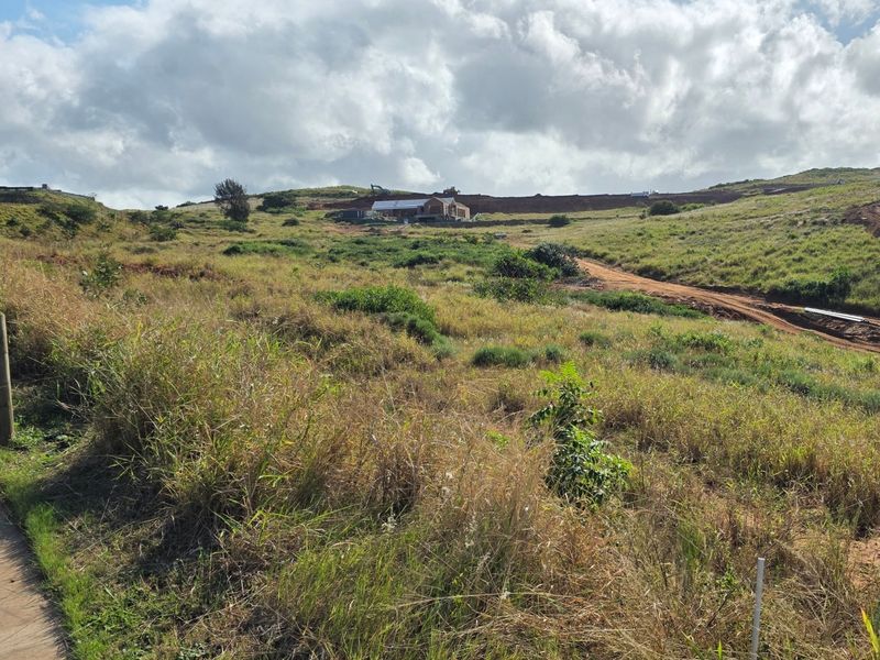 A wide view of a vacant residential plot featuring natural grass, a dirt access path, and a distant building site under development.