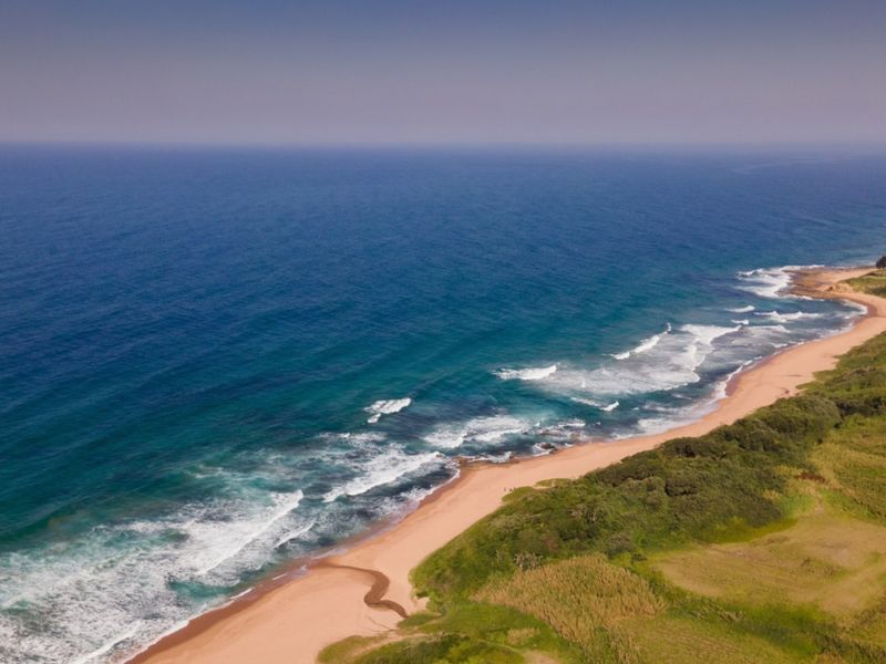 An aerial view of the coastal landscape, showcasing the beach, ocean, and surrounding natural vegetation.