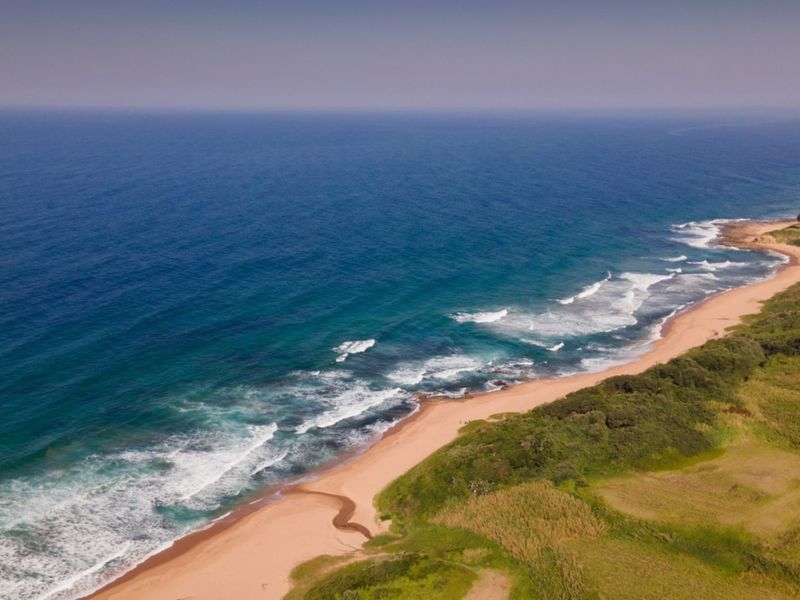 An aerial view of the coastal landscape, showcasing the sandy beach, ocean waves, and surrounding natural vegetation.