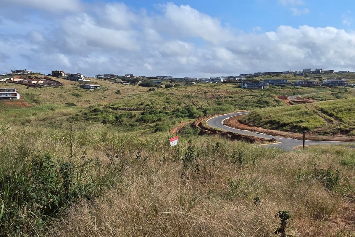 A wide-angle view of a residential development site featuring rolling hills, native grasses, and established paved road infrastructure.