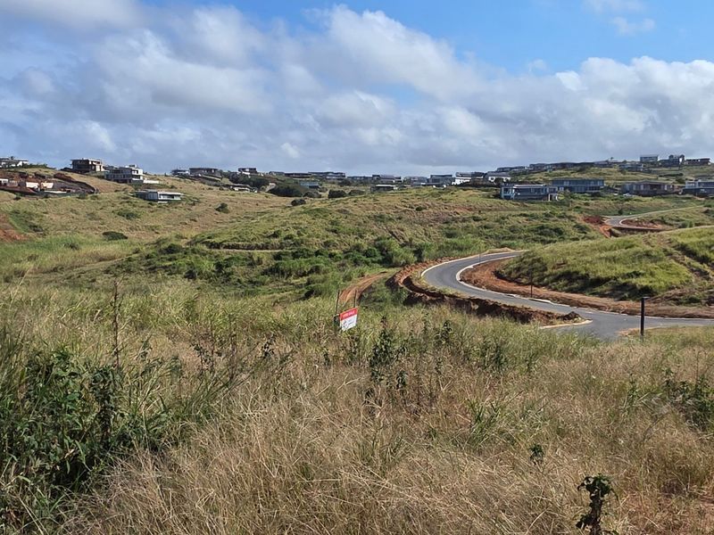 A wide-angle view of a residential development site featuring rolling hills, native grasses, and established paved road infrastructure.