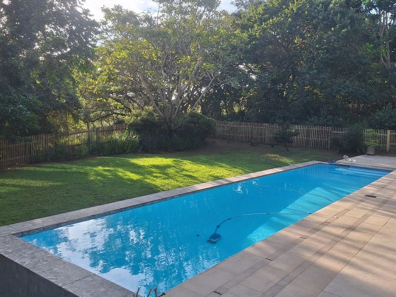 A well-maintained rectangular swimming pool with stone coping and a spacious tiled deck, set within a lush, private garden with mature trees.