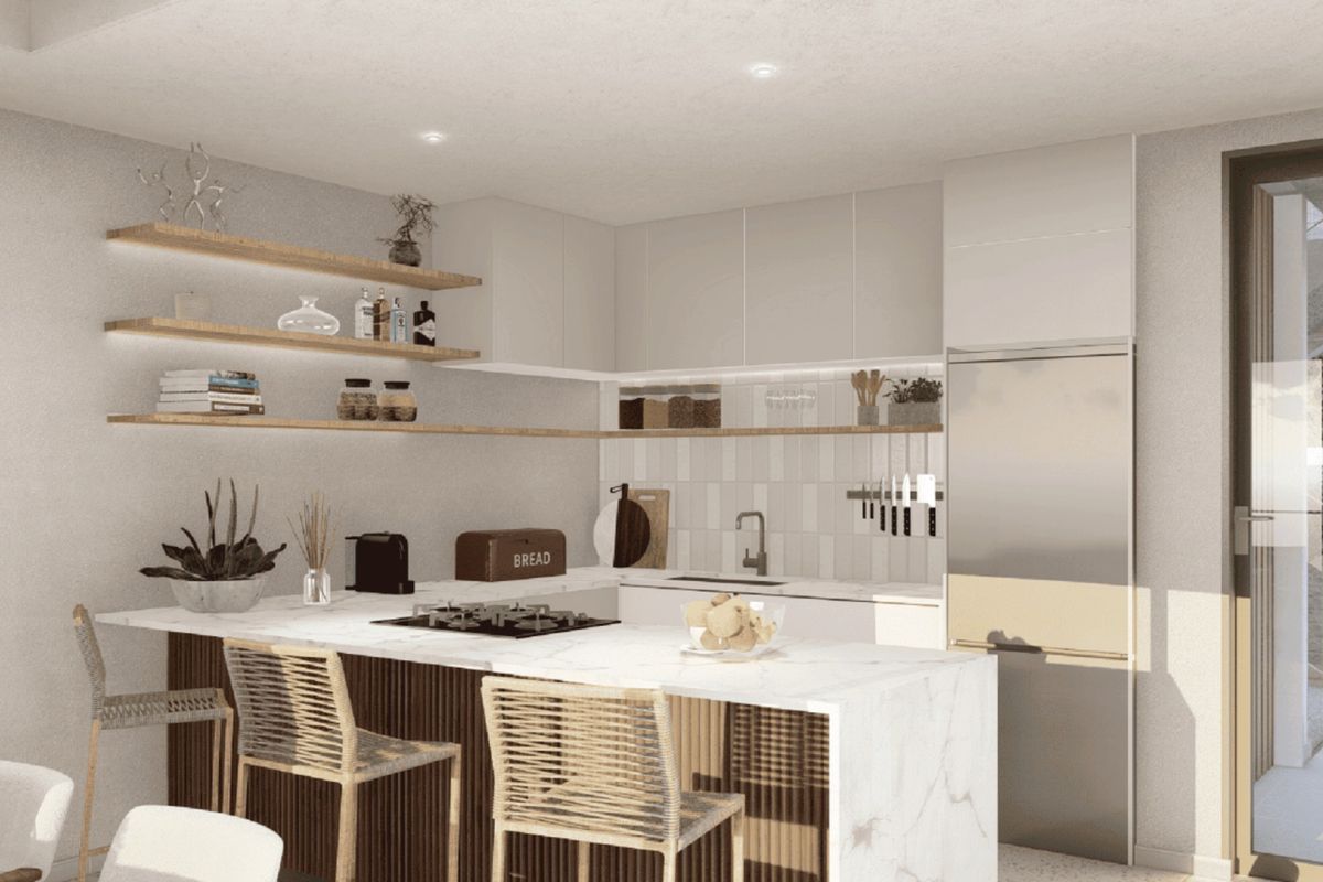 Modern kitchen featuring marble countertops, integrated cabinetry, floating shelves, and a subway tile backsplash, creating a clean and contemporary culinary space.