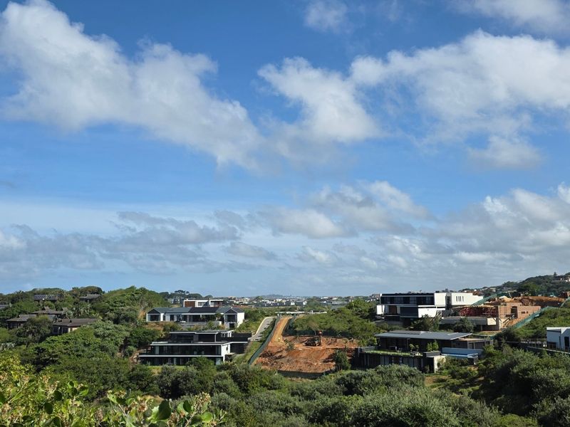 A scenic elevated view overlooking a residential estate with modern homes and surrounding natural vegetation under a clear blue sky.